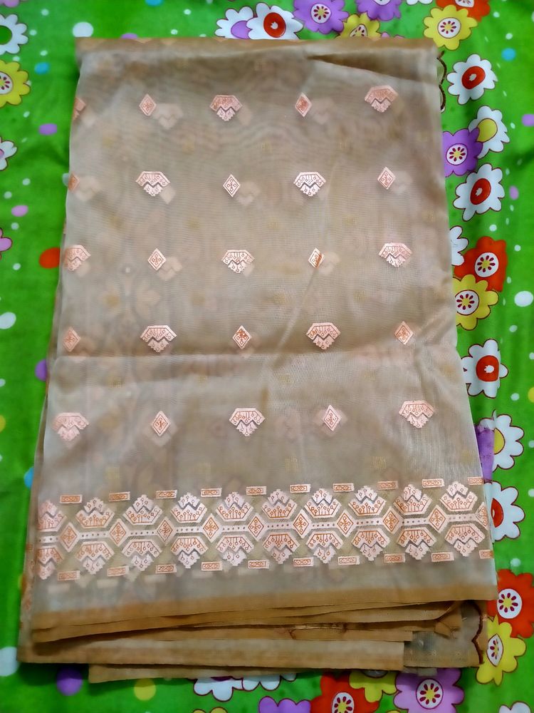 Peach Cotton Khada Kapda Saree With Embroidery Work Party Wear Border Work