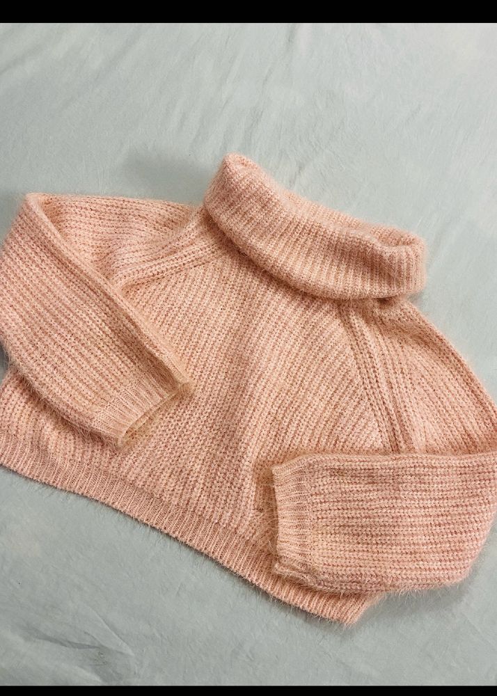 Peach Ribbed Knit Turtleneck Sweater