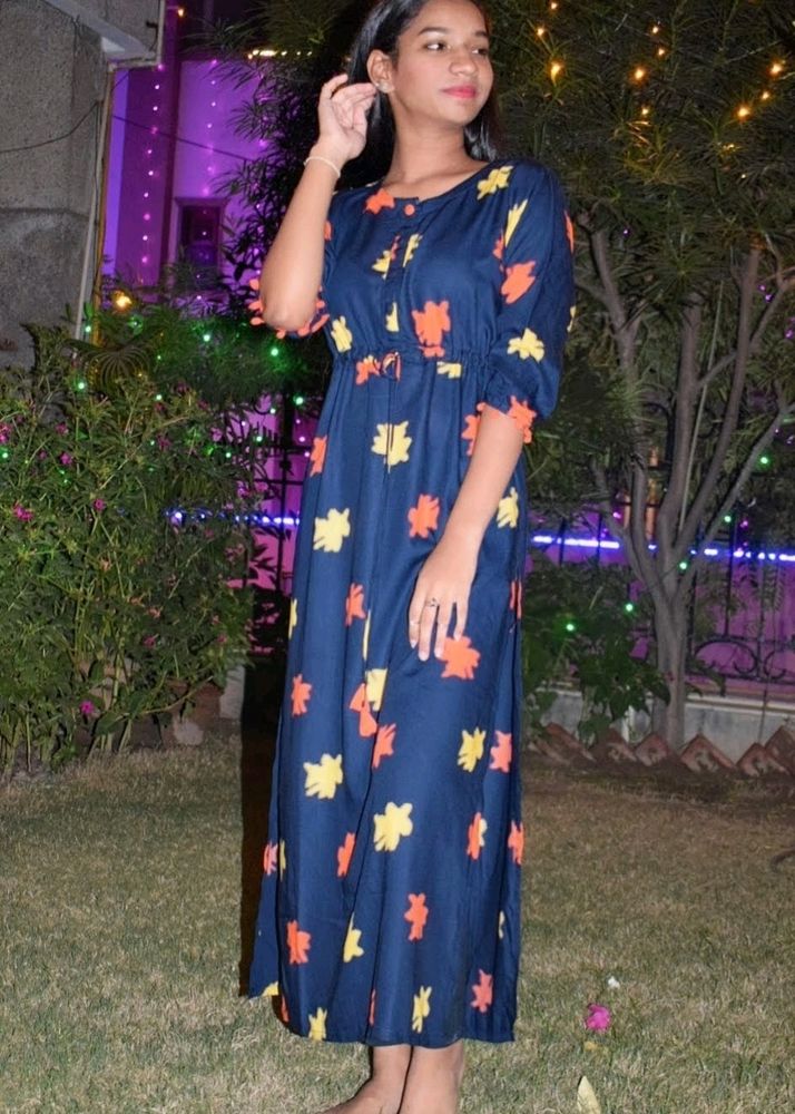 Libas Women Blue &amp; Orange Printed Straight Kurta