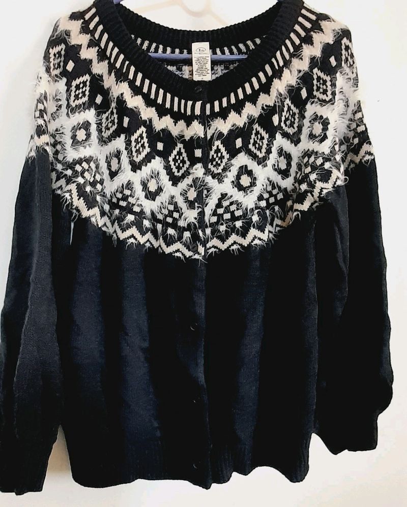 Dark Blue Sweater With Fur Work
