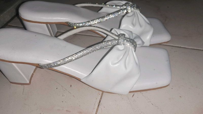 White Rhinestone Bow Heel Sandals