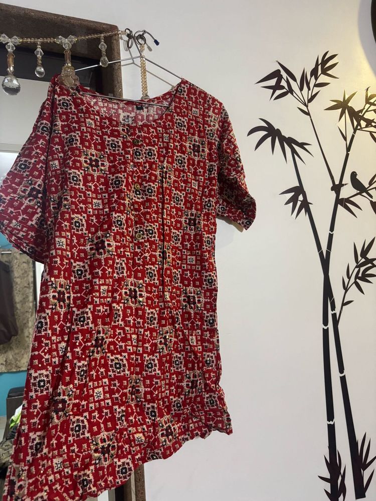 Red Patterned Short Sleeve Dress
