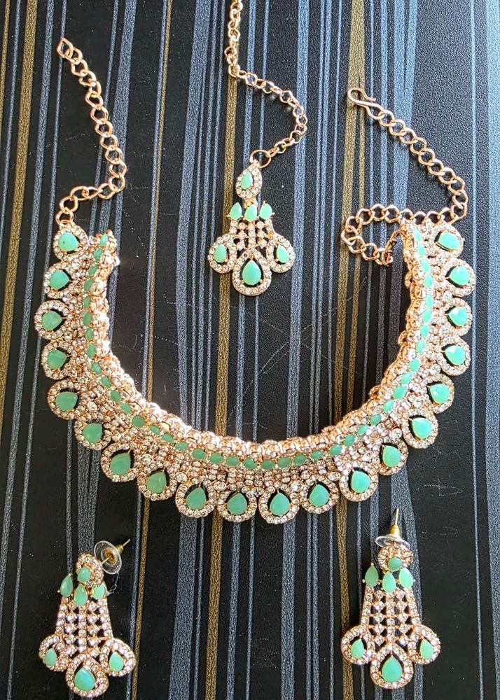 Gold Plated, Silver &amp; Green Studded Jewel Set