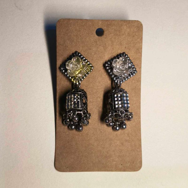 Silver Jhumka Earrings with Rose Detail