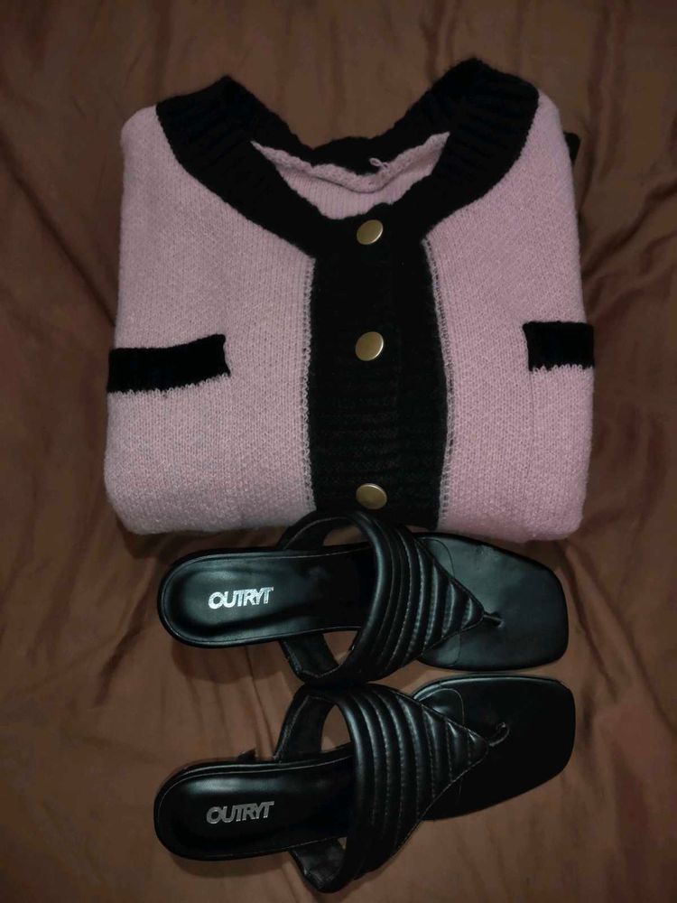 Combo-Sweater+Quilted Kitten-Heeled Sandals