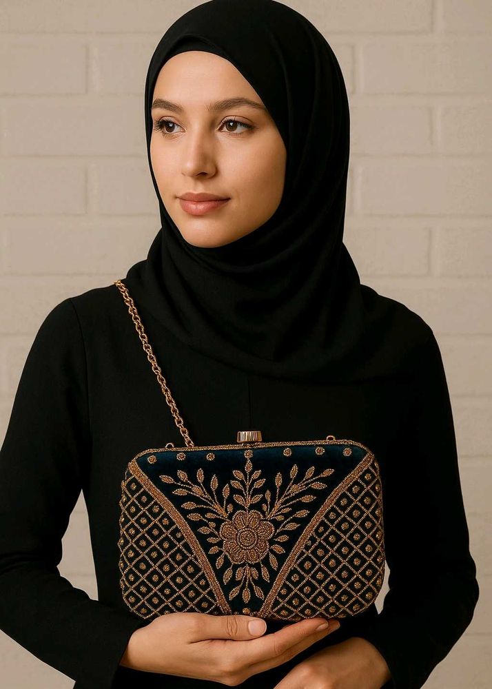 Teal Embroidered Clutch with Chain