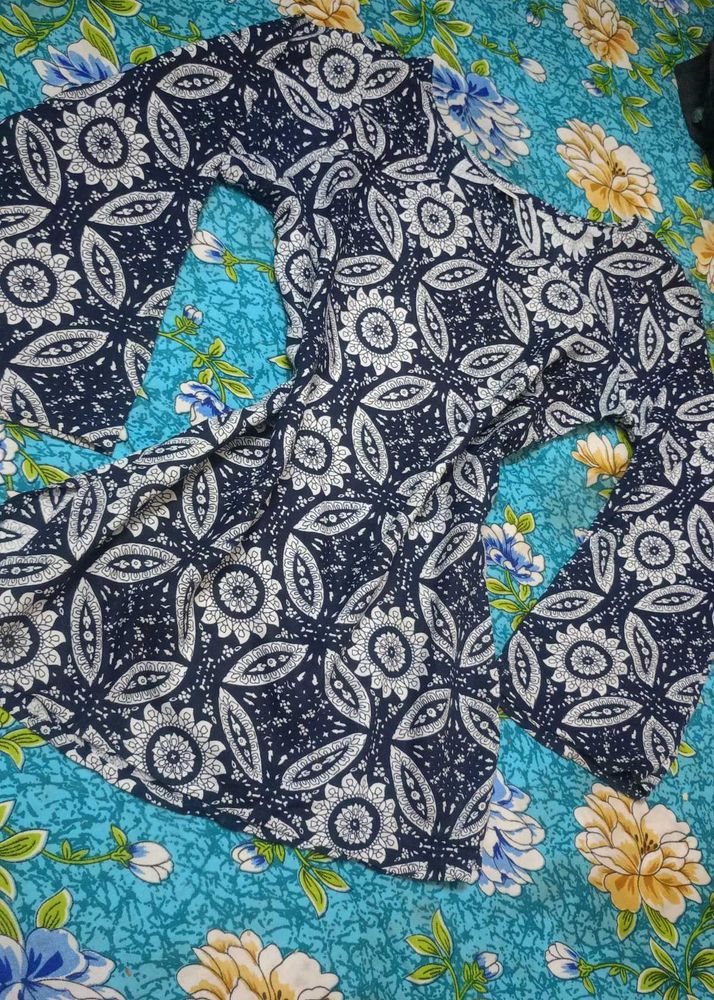 Blue Printed Flared Sleeve Kurti