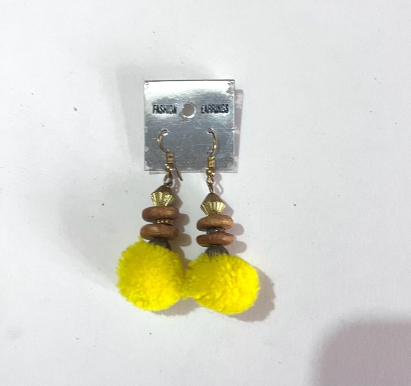 Sunny Yellow Pompom Drop Earrings - Boho C