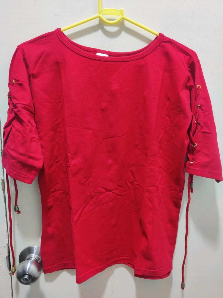 Red Lace-Up Sleeve Tee