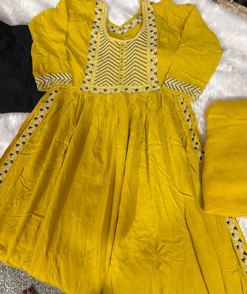Elegant Mustard Embroidered Nayra Cut
