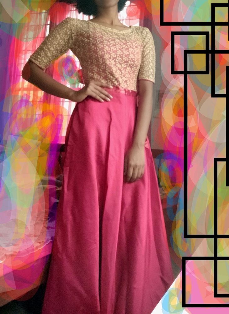 Maroon Satine Long Gown With Golden Net.
