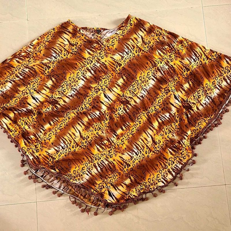 Animal Print Poncho with Pom-Pom Trim