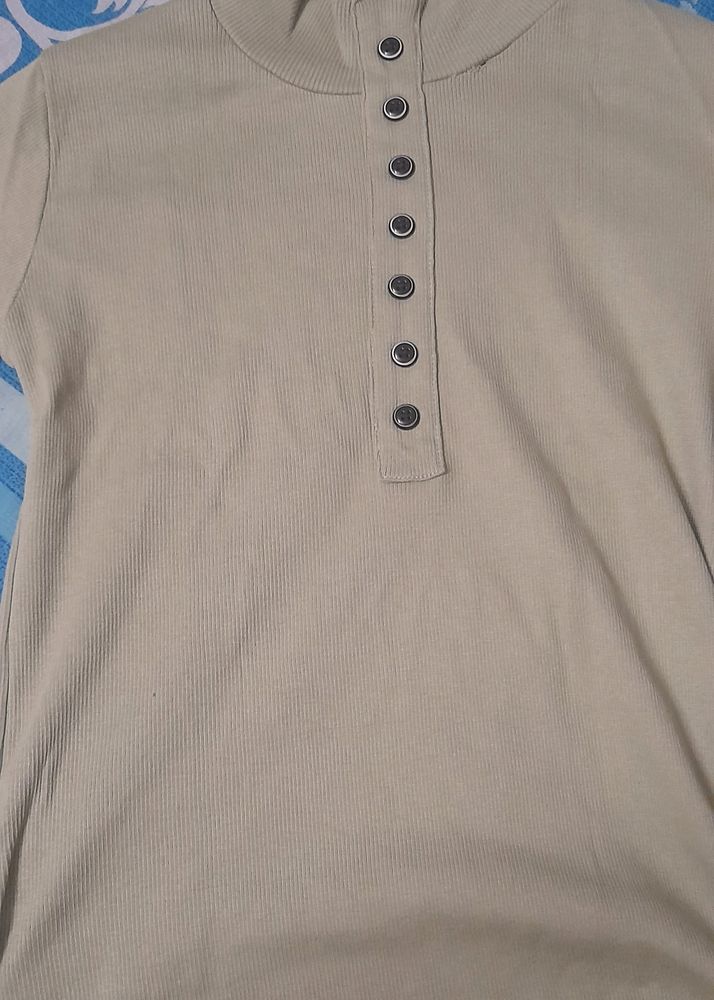Beige Ribbed Button-Up Top