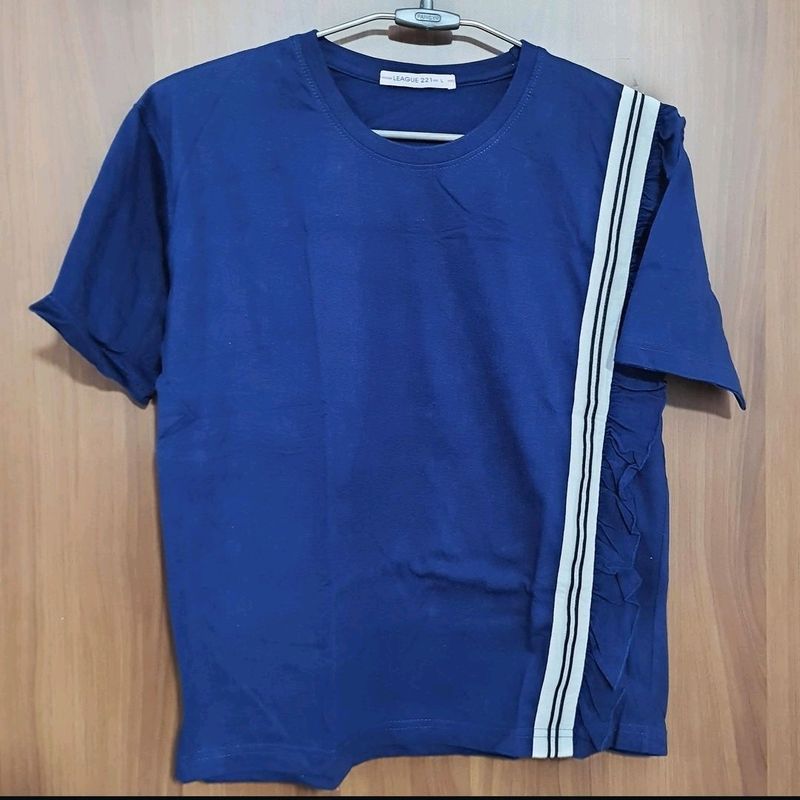 Blue Cotton Top With Small Frill On The Side