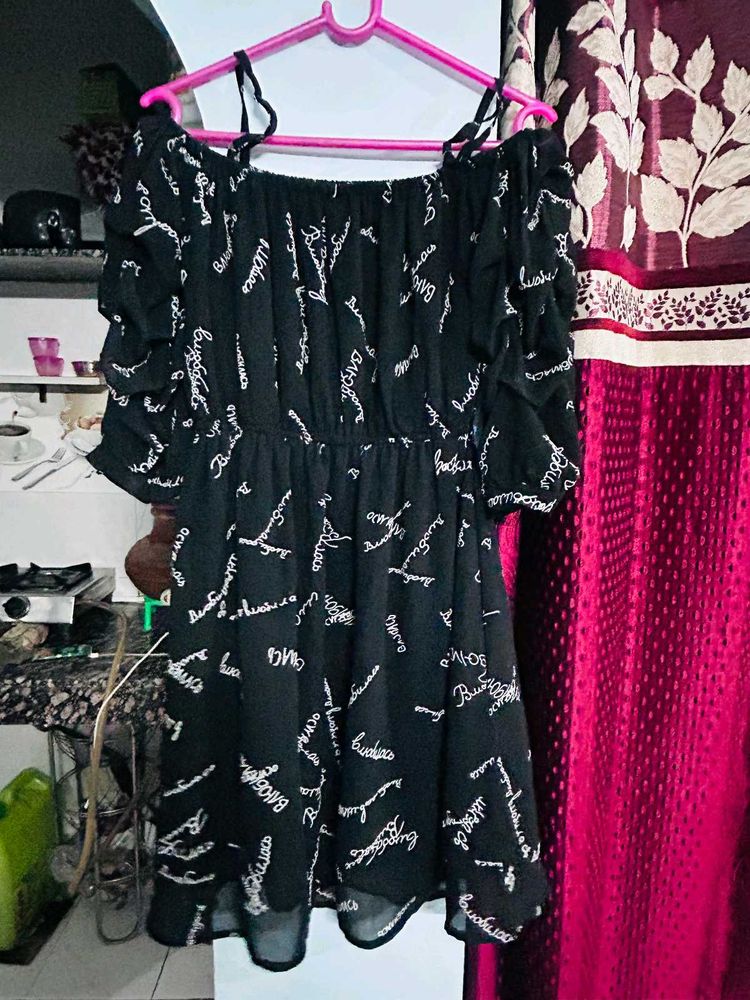 Black Off Shoulder Tulle Flared Dress
