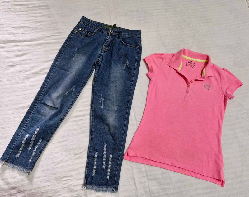 Pink Shirt And Ripped  Soft Jeans