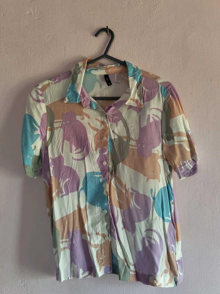 Colorful Cat Print Short Sleeve Top