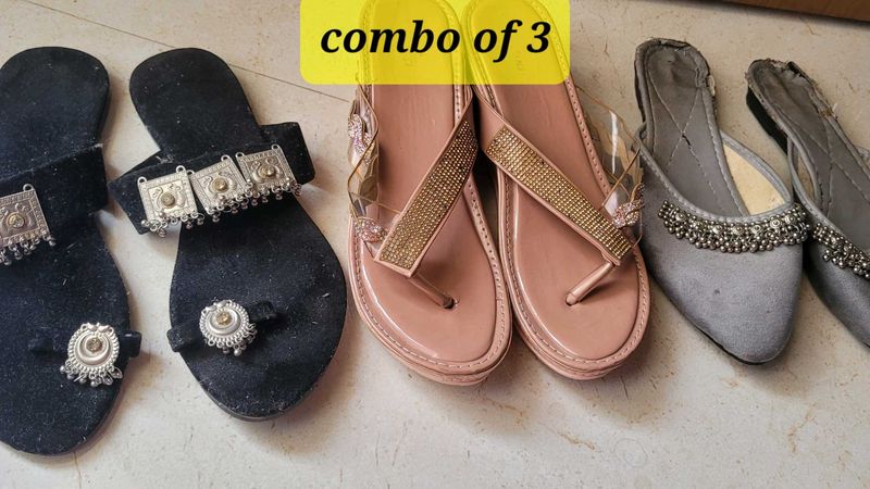 Woman Flat Slipper Wedges Combo Of 3 Chappal