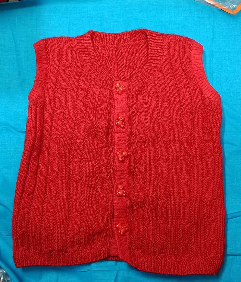 Handmade Red Knit Vest with Cute Bear Buttons