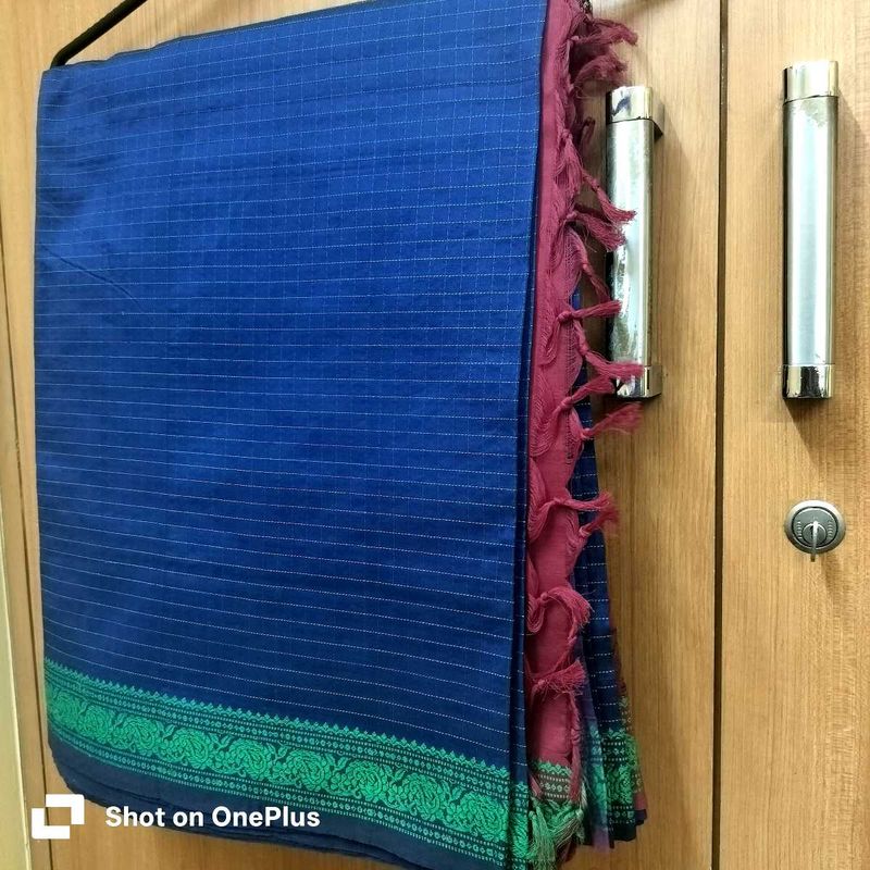 Blue Checked Saree with Green Border