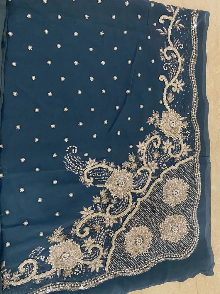 Royal Pearl Beaded Heavy Embellished Grey Saree