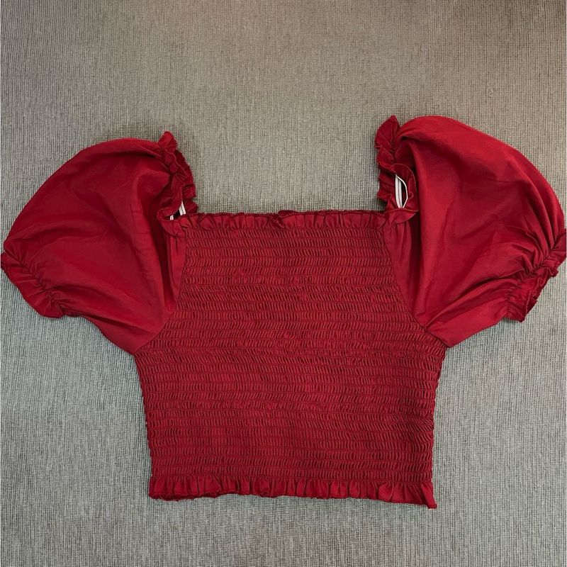 Red Smocked Puff Sleeve Top