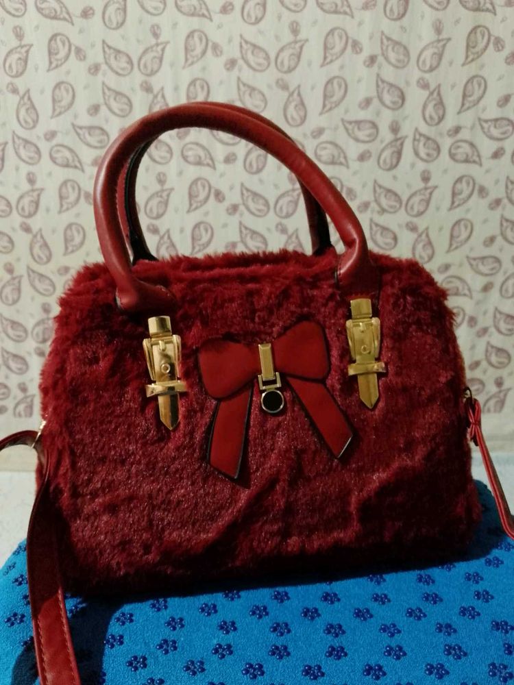 Red Faux Fur Bow Handbag
