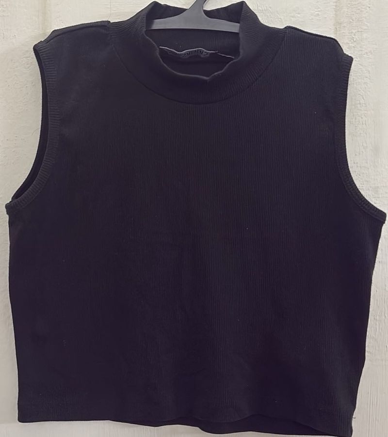 Black Ribbed Mock Neck Sleeveless Crop Top