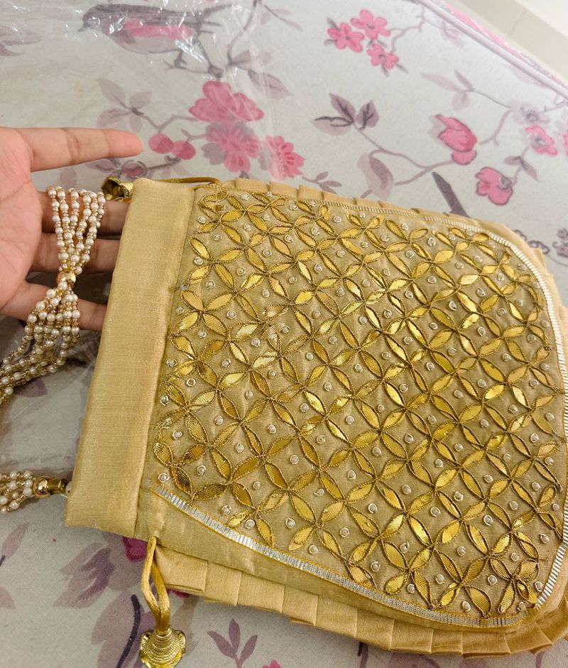 Golden Gota Patti Embroidered Potli Bag
