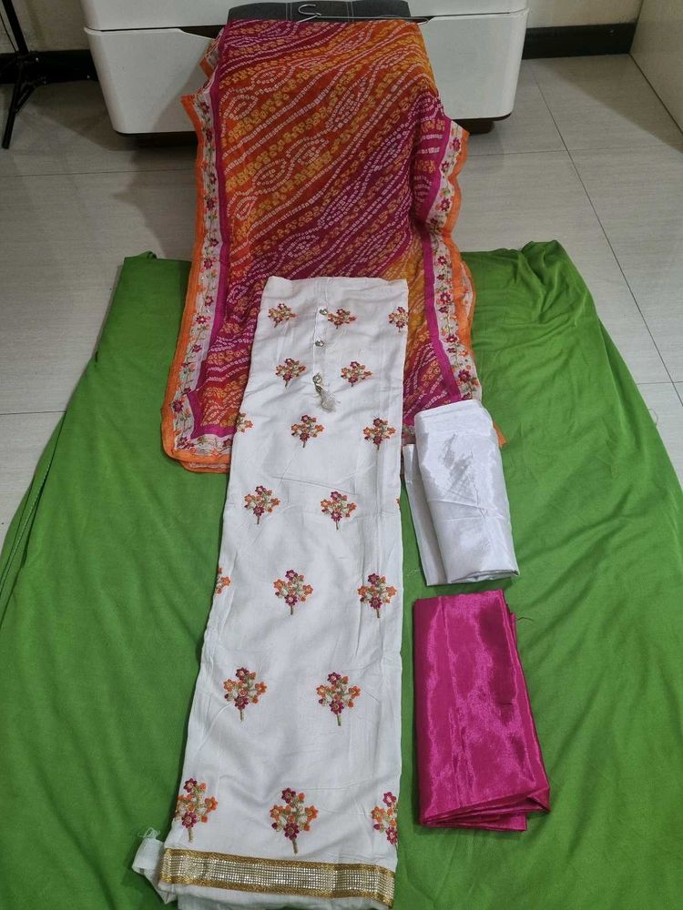 Soft Cotton White 4 Piece Embroidered Dress Materi