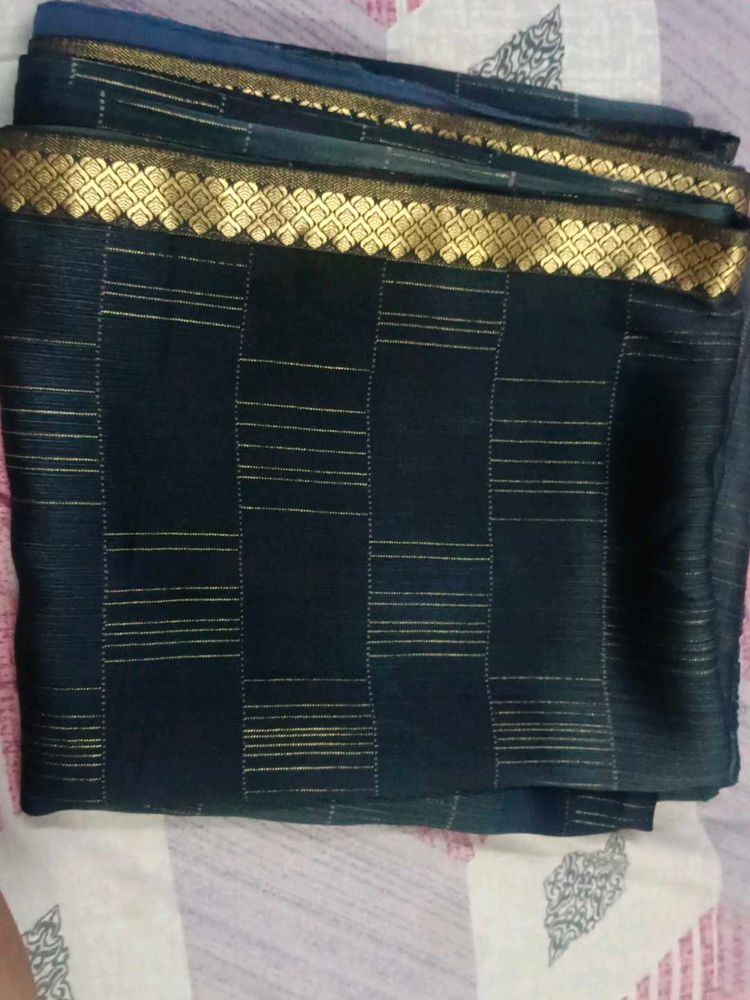 Black Striped Saree with Gold Border