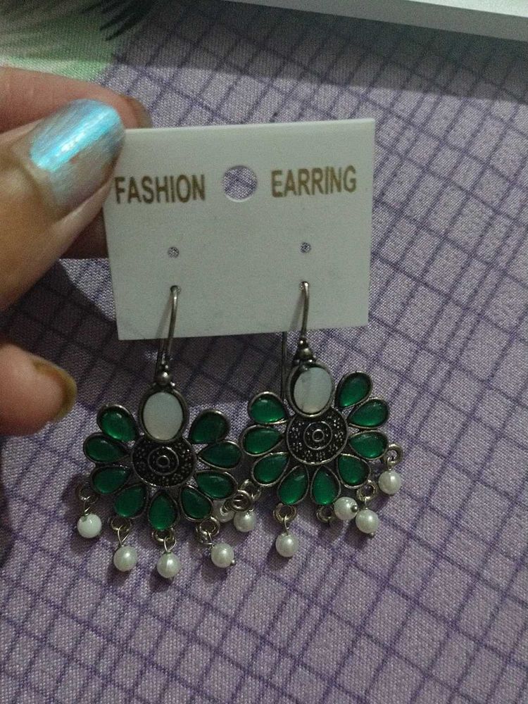 Ethnic Green &amp; Pearl Drop Earrings