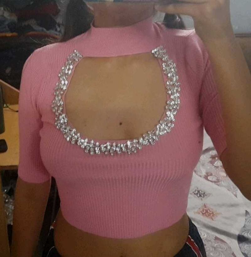 Pink Rhinestone Crop Top