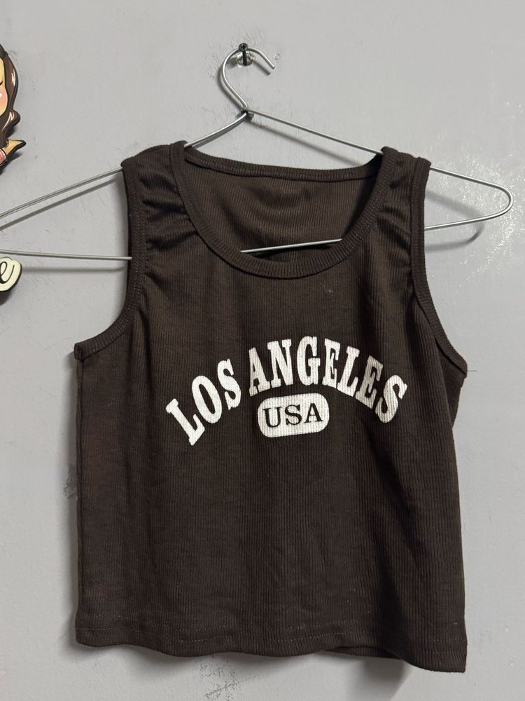 Chic Brown &#39;Los Angeles USA&#39; Ribbed Crop Top