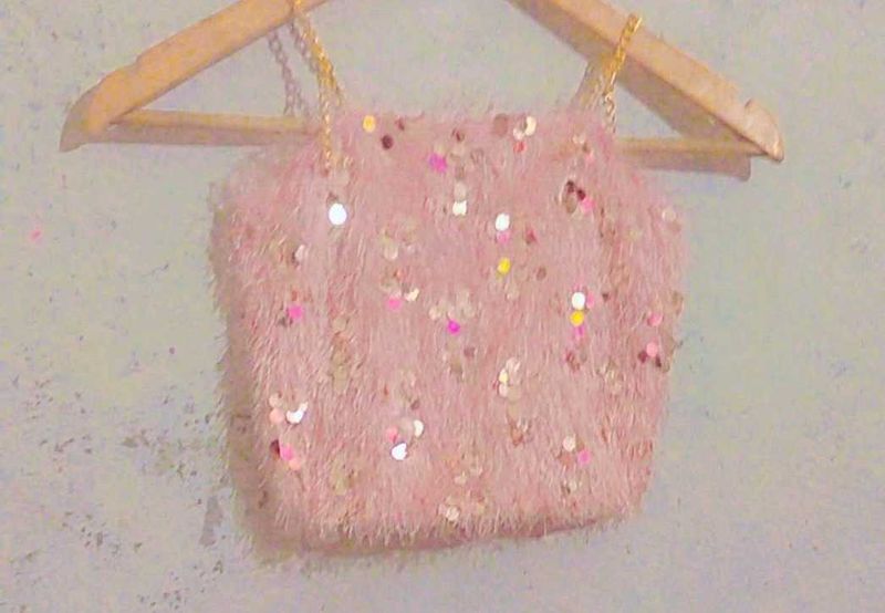 Pink Fuzzy Sequin Crop Top