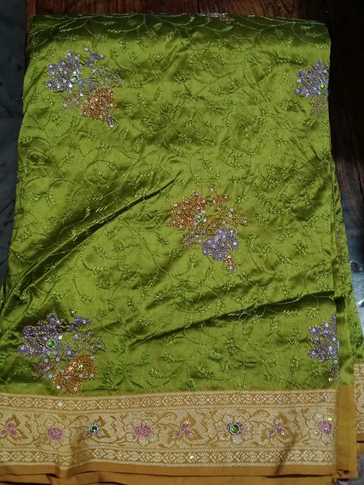 Green Embellished Sari Fabric