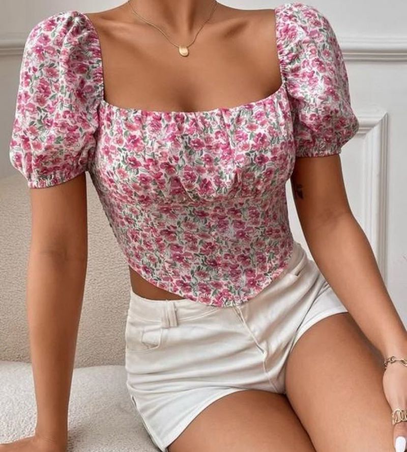 Floral Puff Sleeve Crop Top