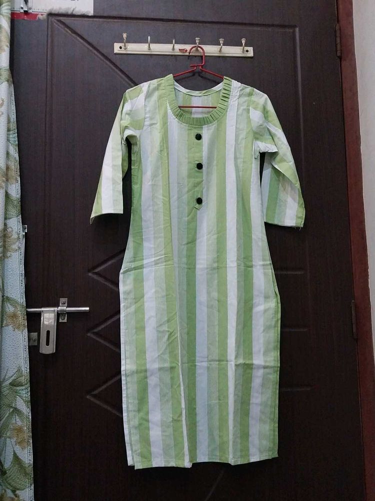 Striped Green Cotton Kurti Pant Set