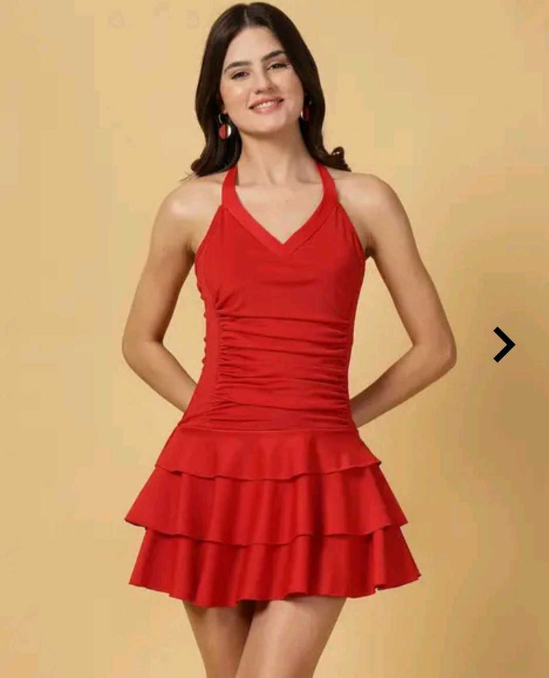 Red Ruffled Halter Swim Dress - XL Size