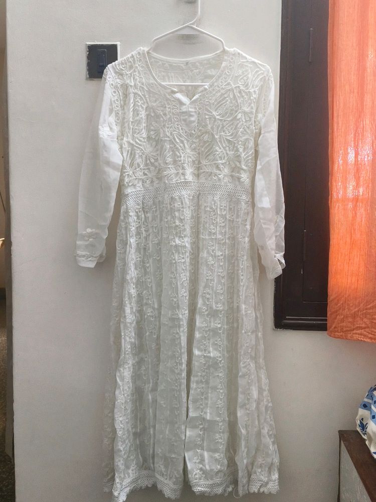 White Chikankari Kurta Sharara Set With Inner