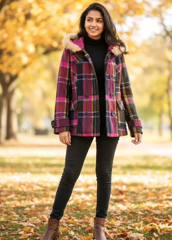 Plaid Fur Trim Coat