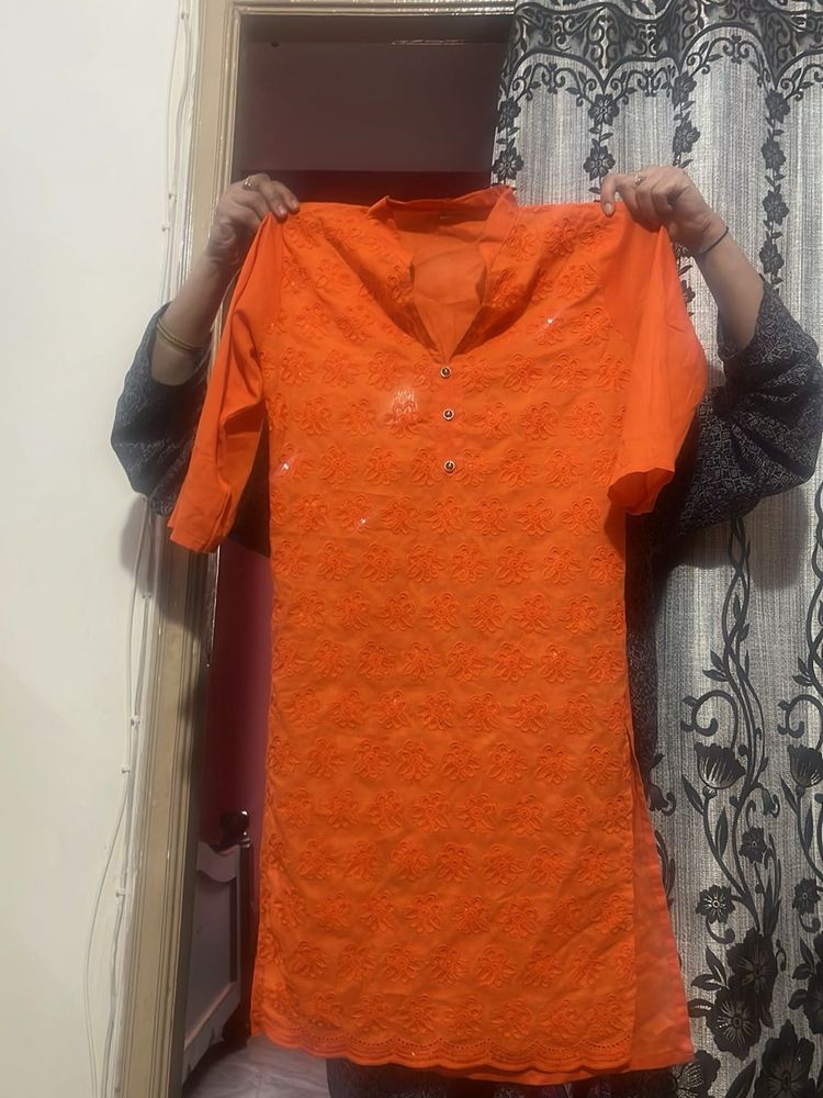 Orange Embroidered chicken work Kurta