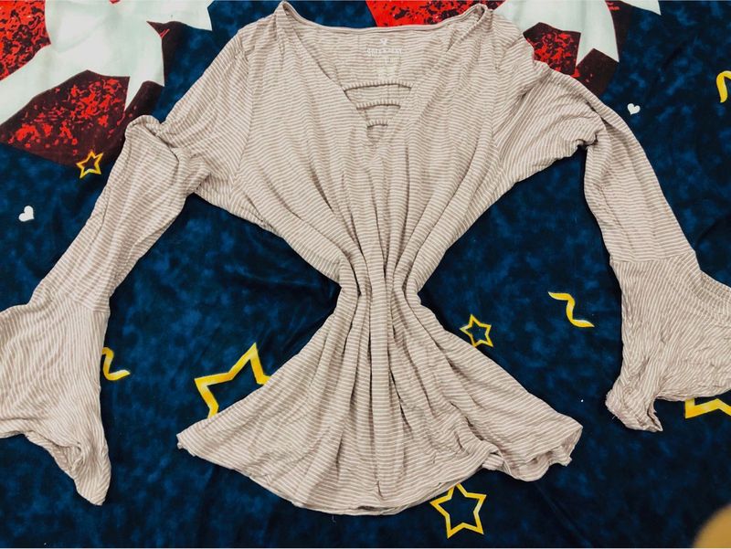 Striped V-Neck Bell Sleeve Top