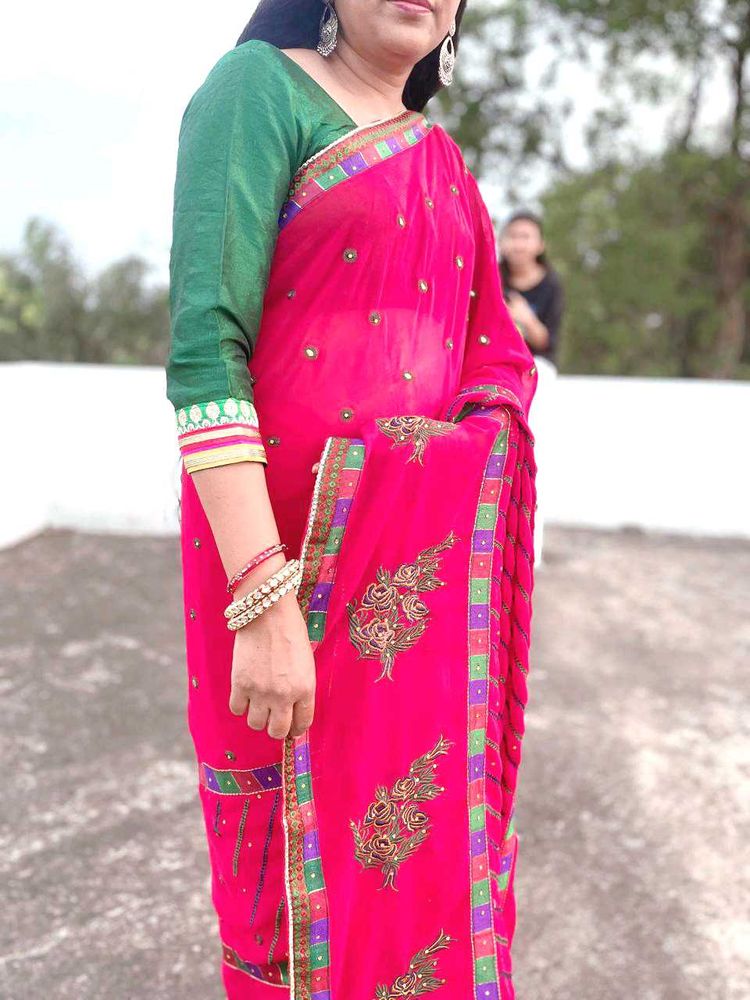 Elegant Pink Embroidered Saree
