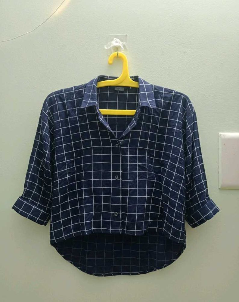 Cropped Blue Plaid 3/4 Sleeve Shirt