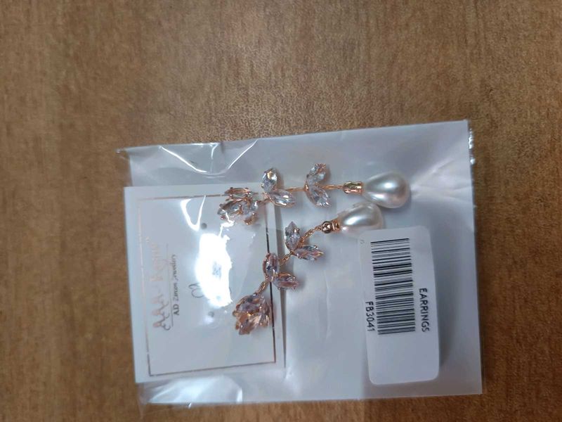 Rose Gold Leaf Design Drop Earrings With Pearl