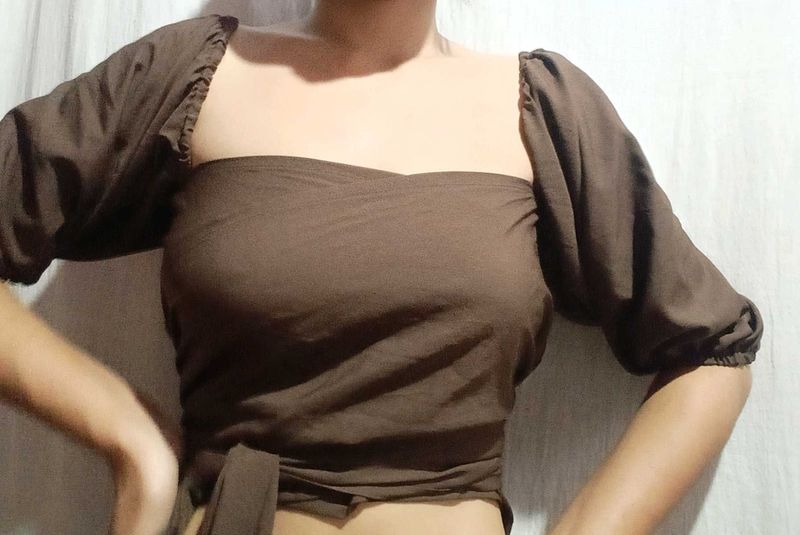 Brown Tie-Up Crop Top