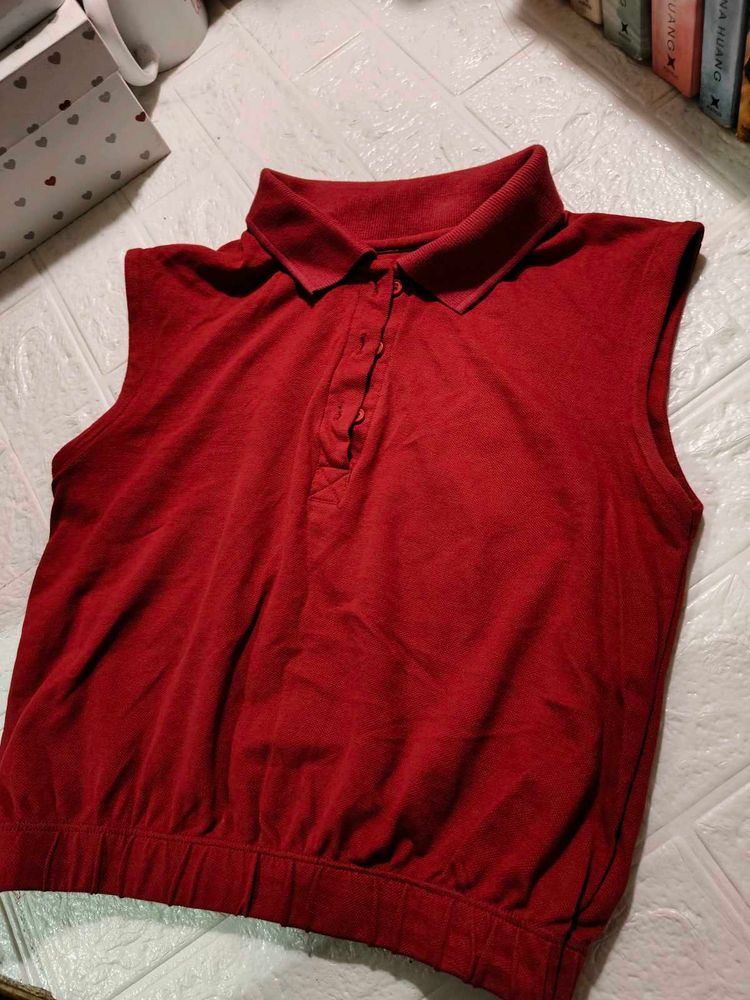 ❤️B1G1❤️ Red Sleeveless Polo Top