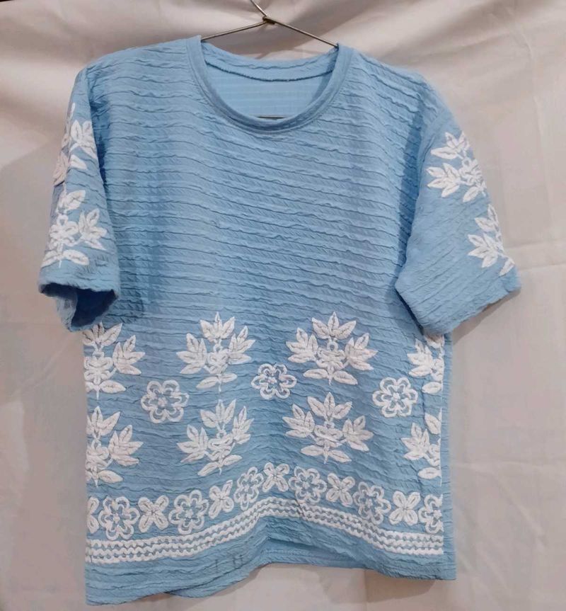 Blue Floral Embroidered Top