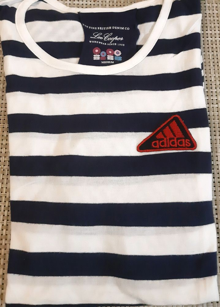 White &amp; Navy Blue Horizontal Strip Baggi Style Top